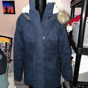 Women's Navy Parka with Faux Fur Trim
